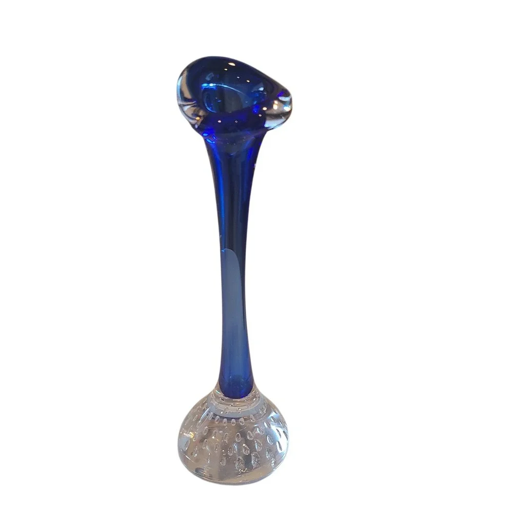Aseda Swedish Art Glass Bud Vase Cobalt Blue Controlled Bubble Base MCM 9.75in